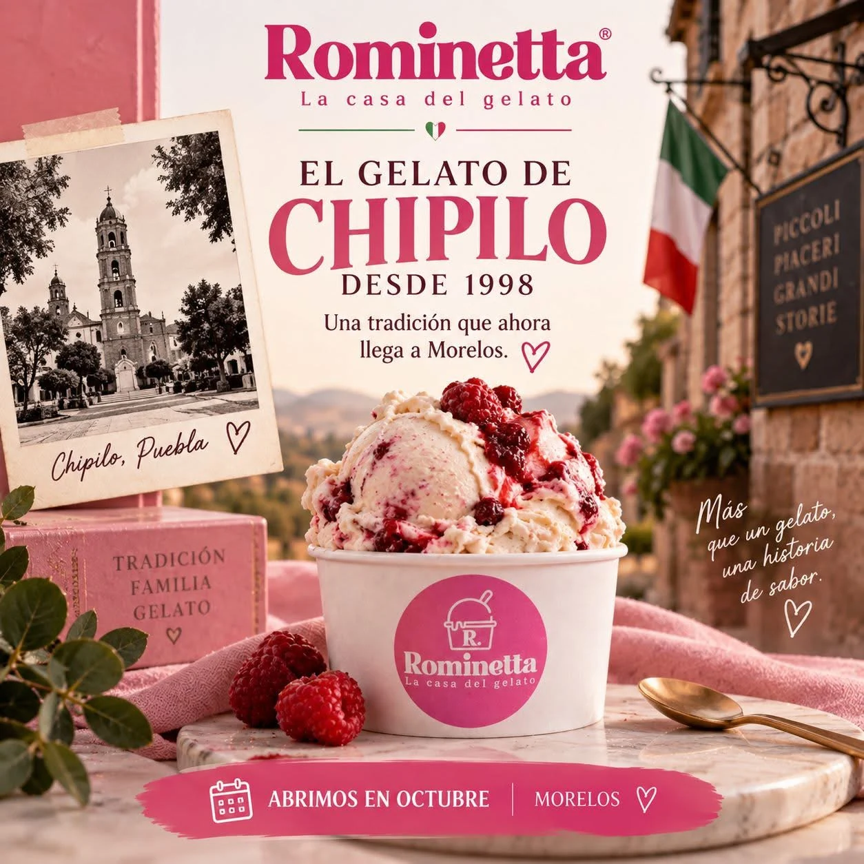 Rominetta gelato artesanal presentado con frutos rojos